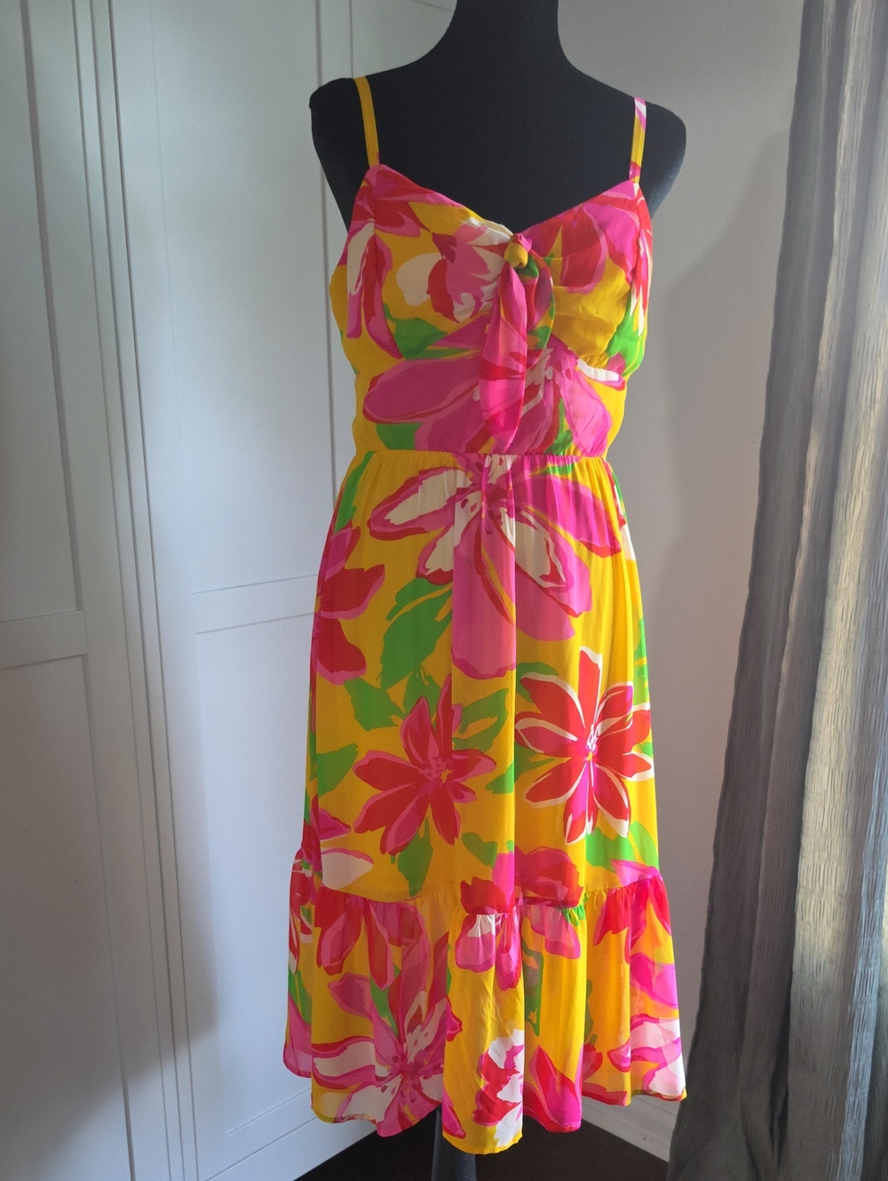 AUW Yellow Midi Dress with Pink & Green Floral Print